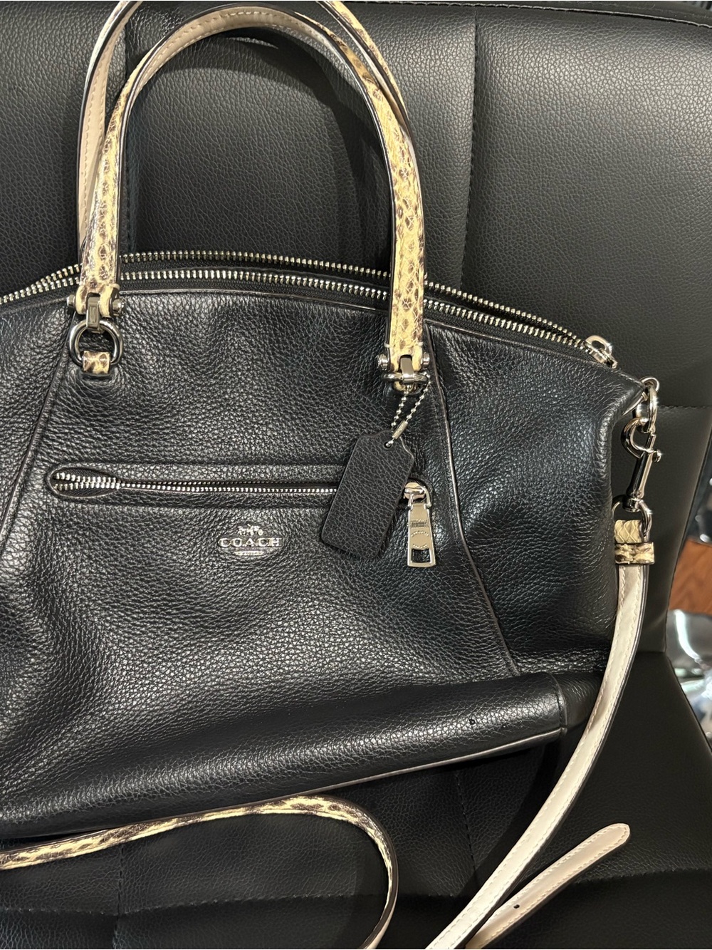 Coach Black Pebbled Leather Satchel with Snakeskin-Trim Handles